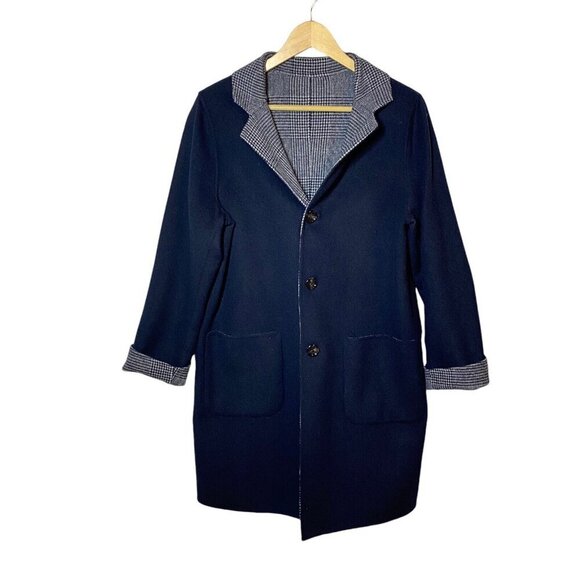 Schneiders of Salzburg Women's Reversible Alima Wool Coat Glen Plaid Navy Wht 8 - Picture 9 of 14